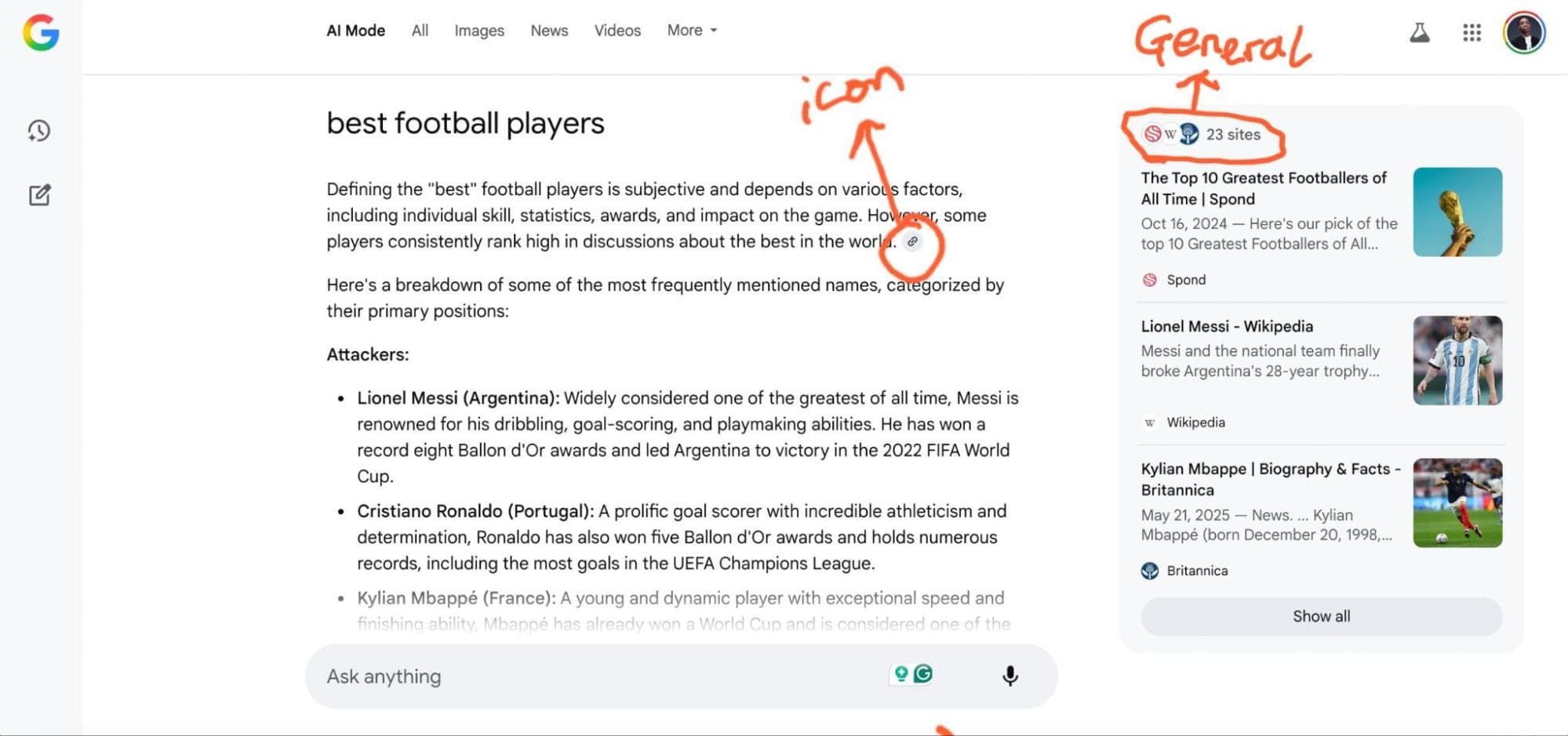 Screenshot of Google search results for 'best football players' showing AI-generated summary with small citation icons and sidebar of source documents