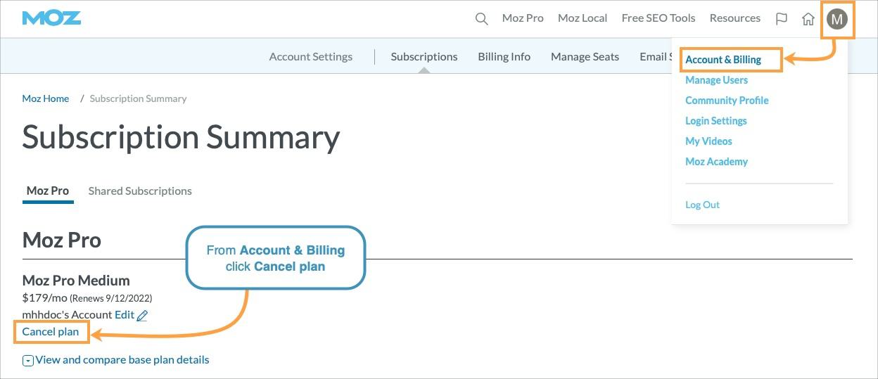 Screenshot of the subscription summary page in account and billing.