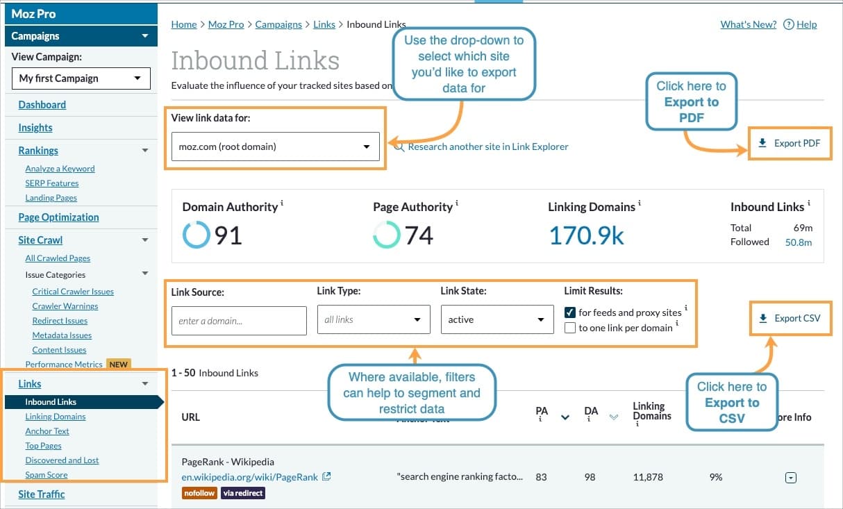 Each section of Links in Moz Pro offers the ability to export to PDF or CSV.