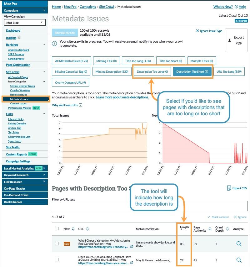 Within the Metadata Issues section of your Site Crawl, select description too long or description too short to see more information.
