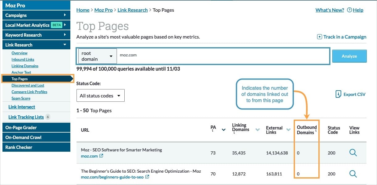 Outbound domain counts are noted for pages within the Top Pages section of Link Explorer.