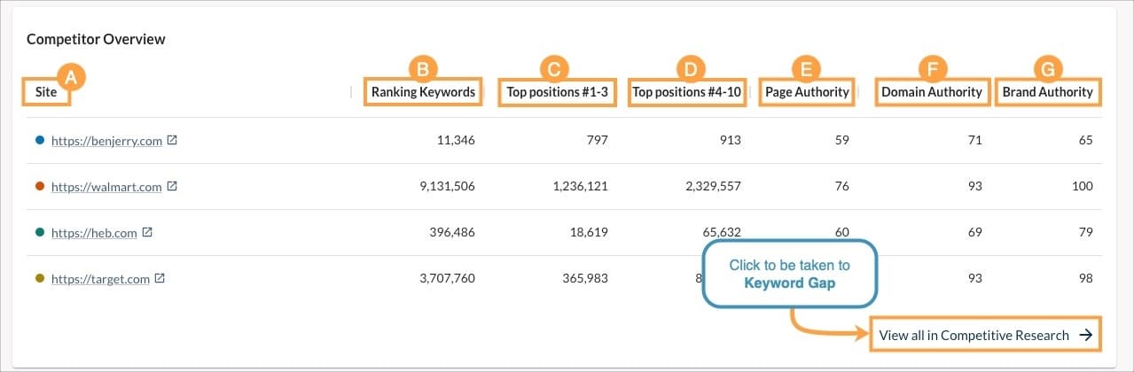 Domain Overview Competitor Overview box with the column headers outlined and marked to correspond with the definitions noted below.