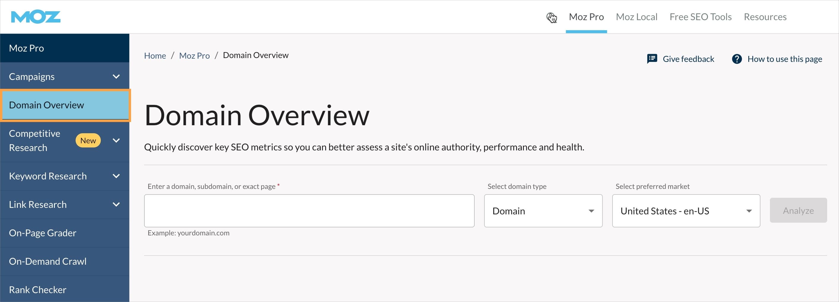 Moz Pro navigation menu with Domain Overview outlined.