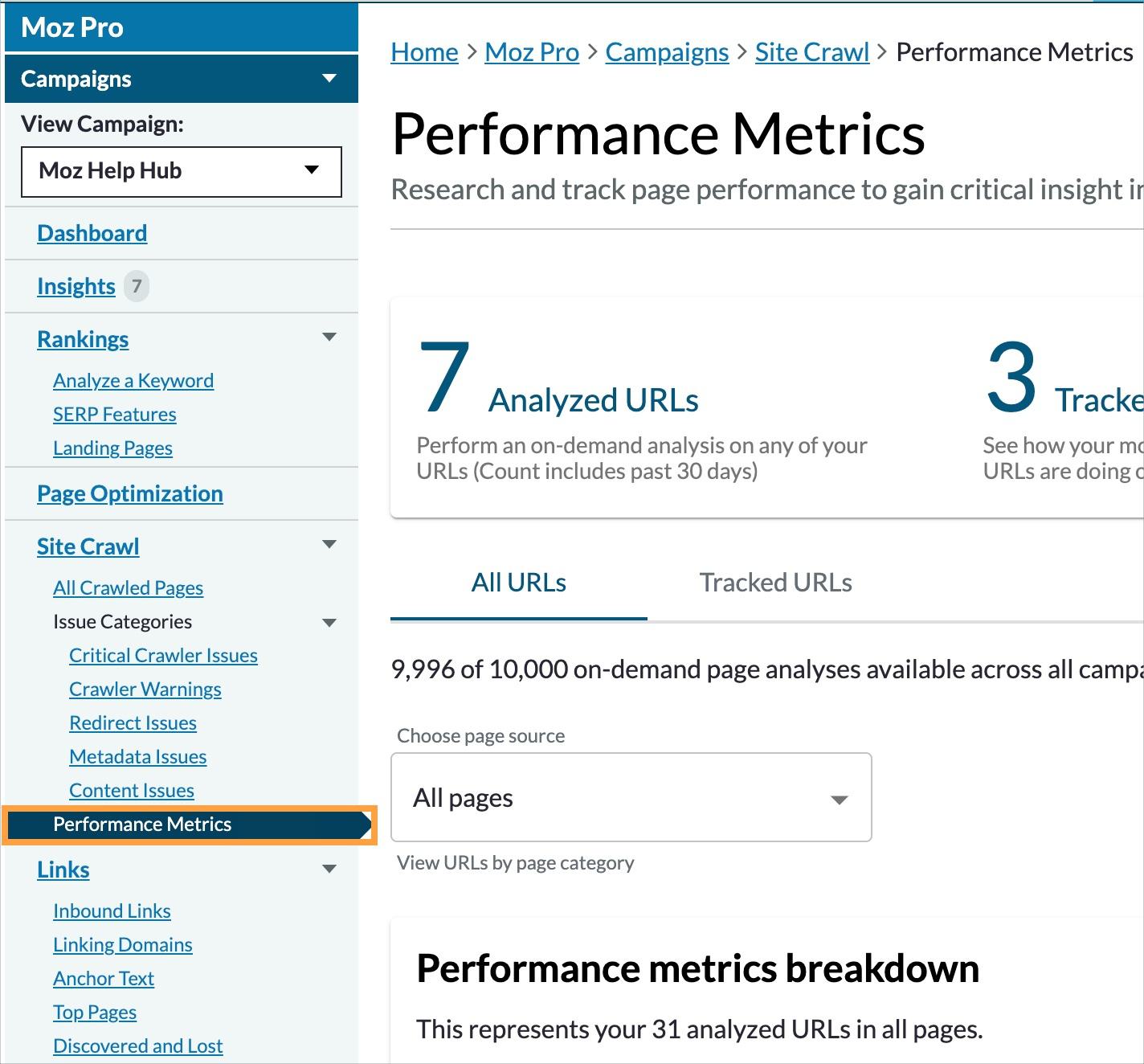 Performance Metrics is located within the Site Crawl section of Campaigns.