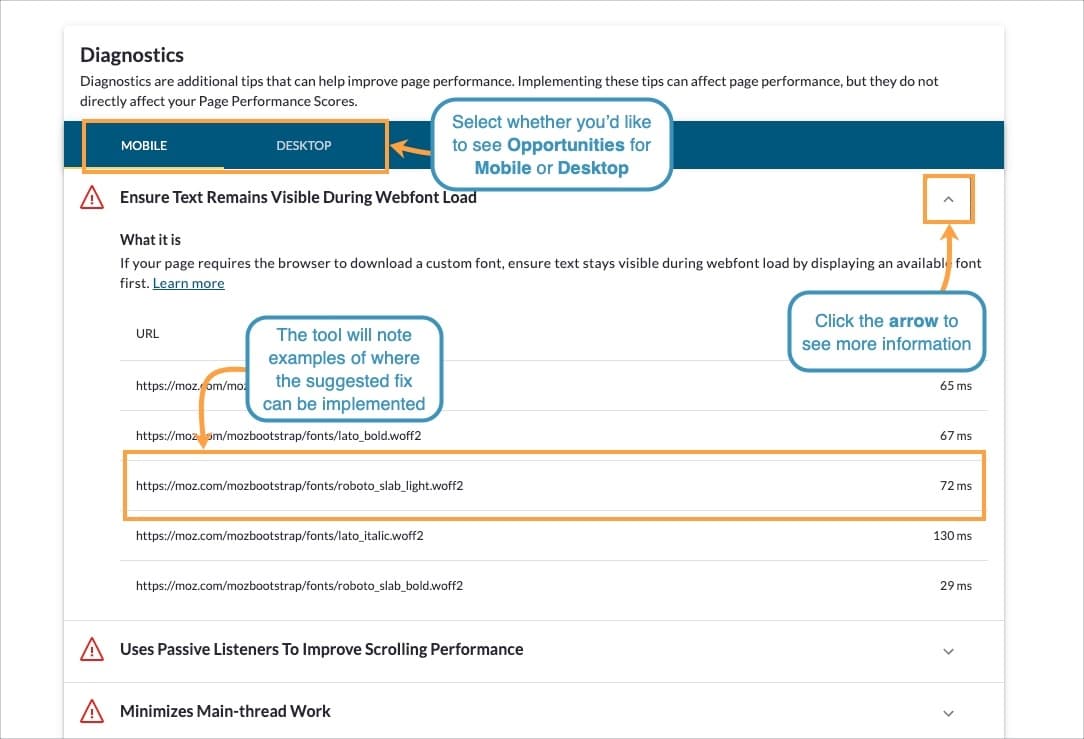 In the Diagnostics section the tool will show you additional tips to help improve your page.