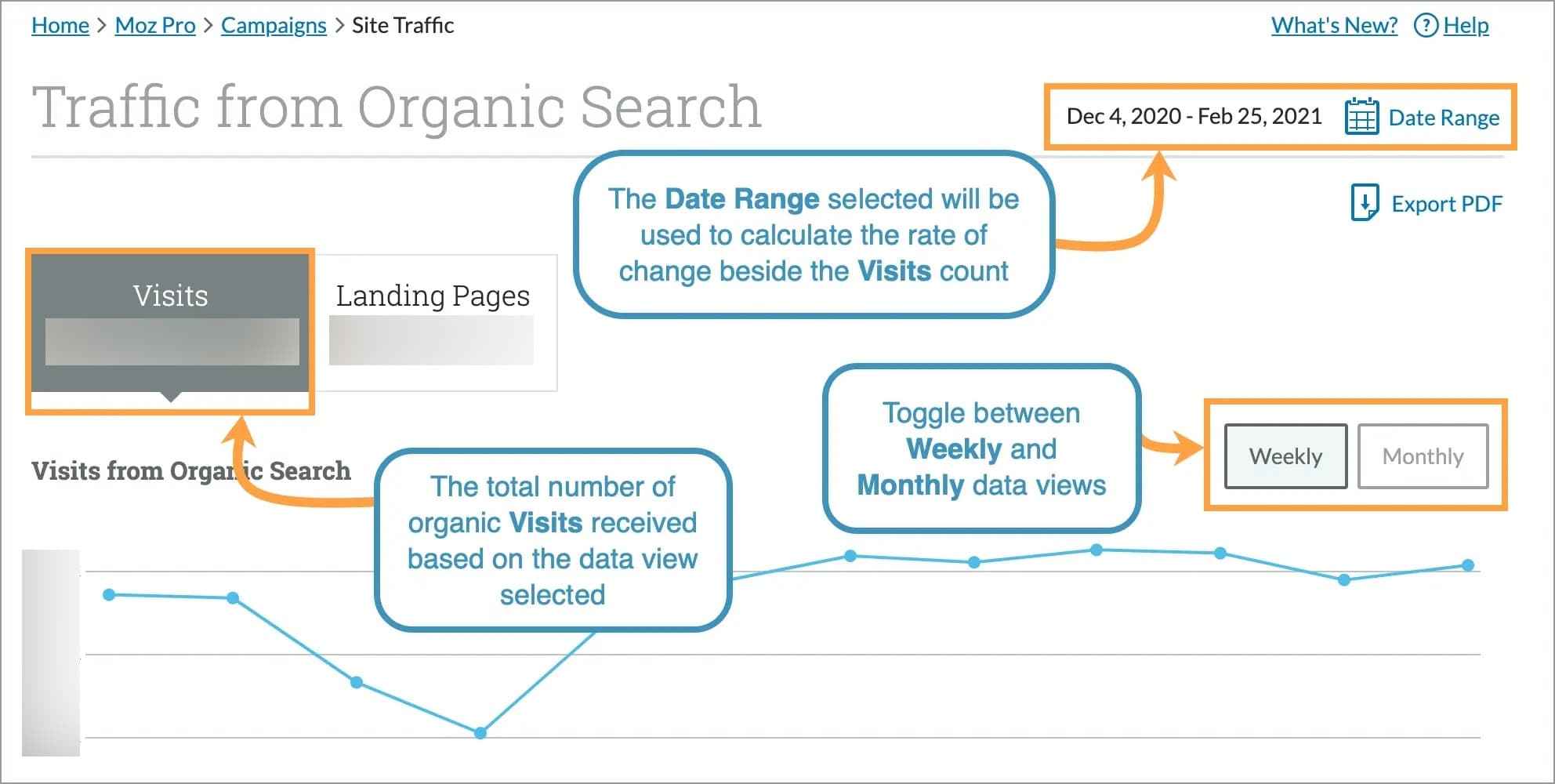 When the Visits view is selected you can see how many organic visits your site received as of the last data collection.