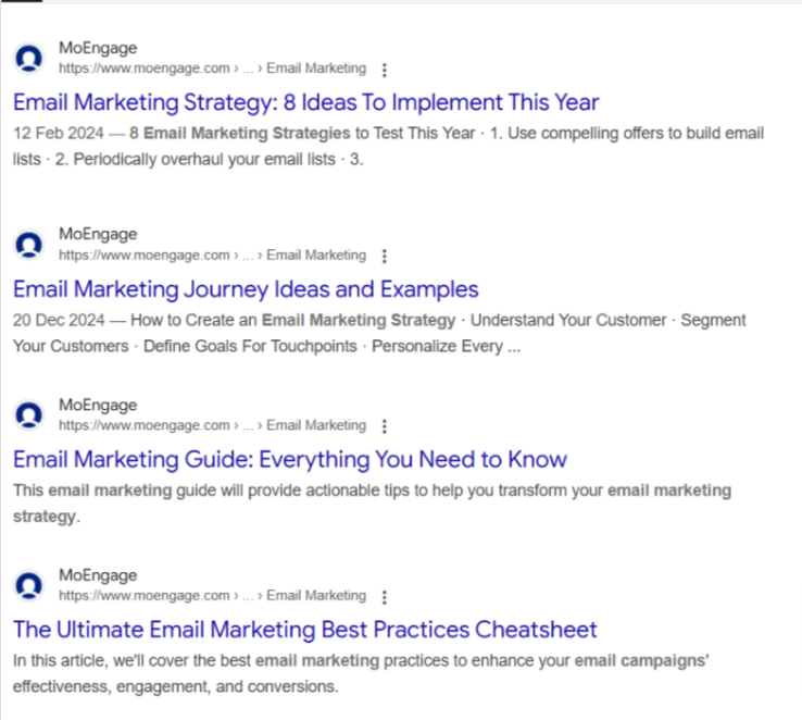 Screenshot showing a website with multiple pages targeting the same search intent