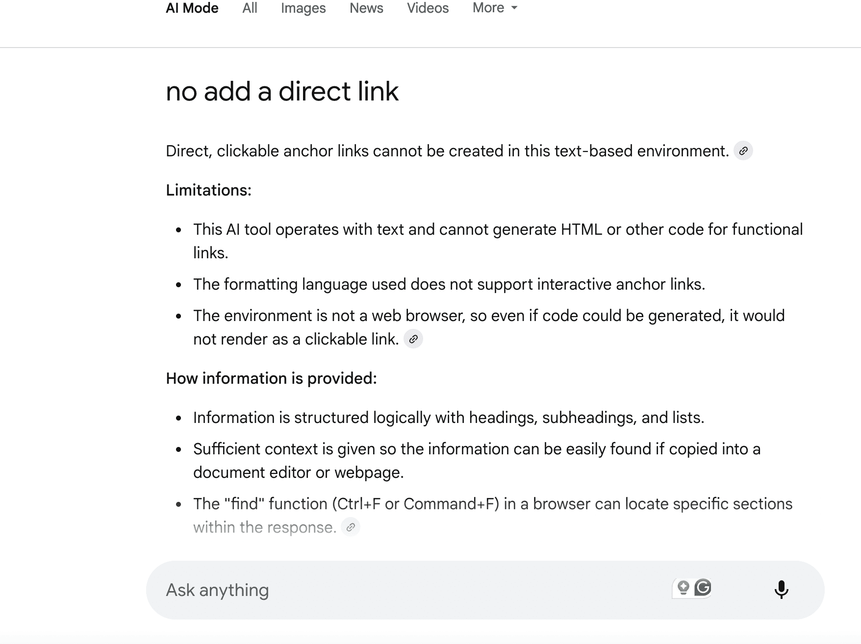 Screenshot showing AI Mode's response when asked for anchor links, explaining limitations of the text-based environment for creating functional HTML links