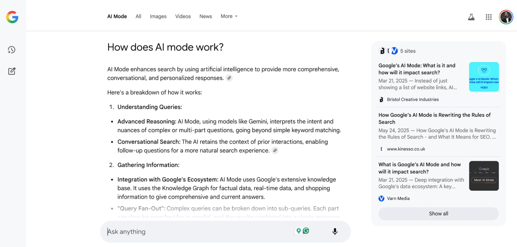 Screenshot of Google AI Mode search interface showing conversational search features