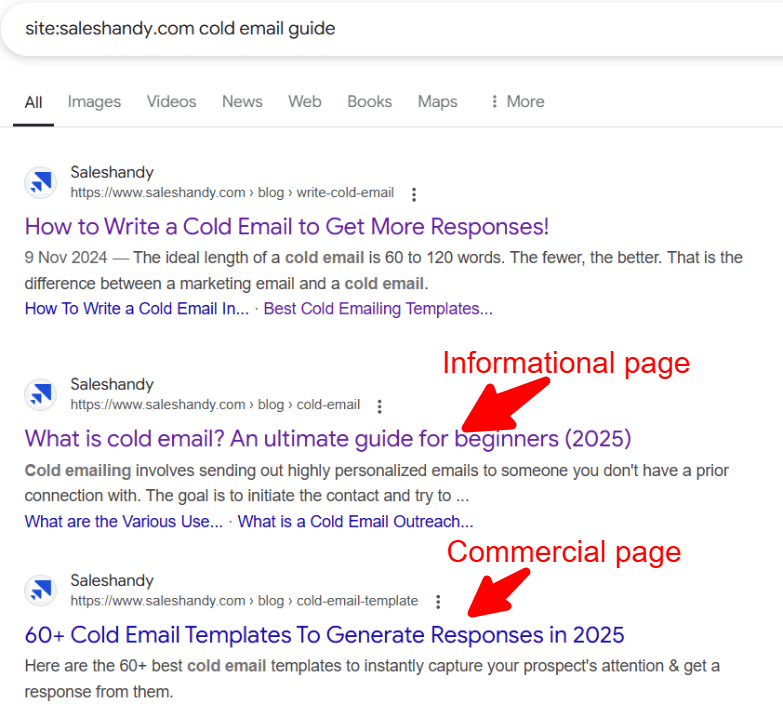 Search result page for site:saleshandy.com cold email guide.