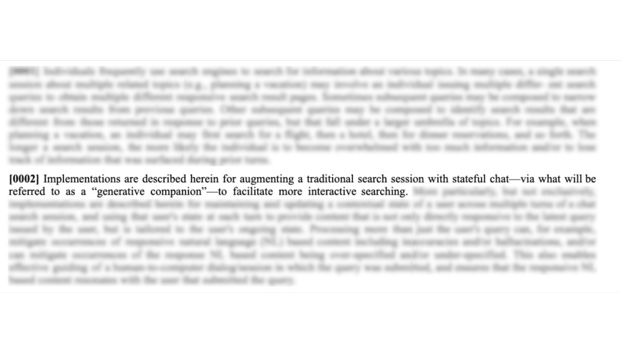 Patent text excerpt describing implementation of stateful chat search sessions, explaining how the system maintains contextual state across multiple turns of conversation to facilitate interactive searching.