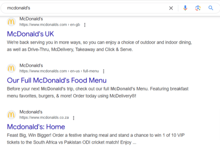 Google search result page for McDonald's