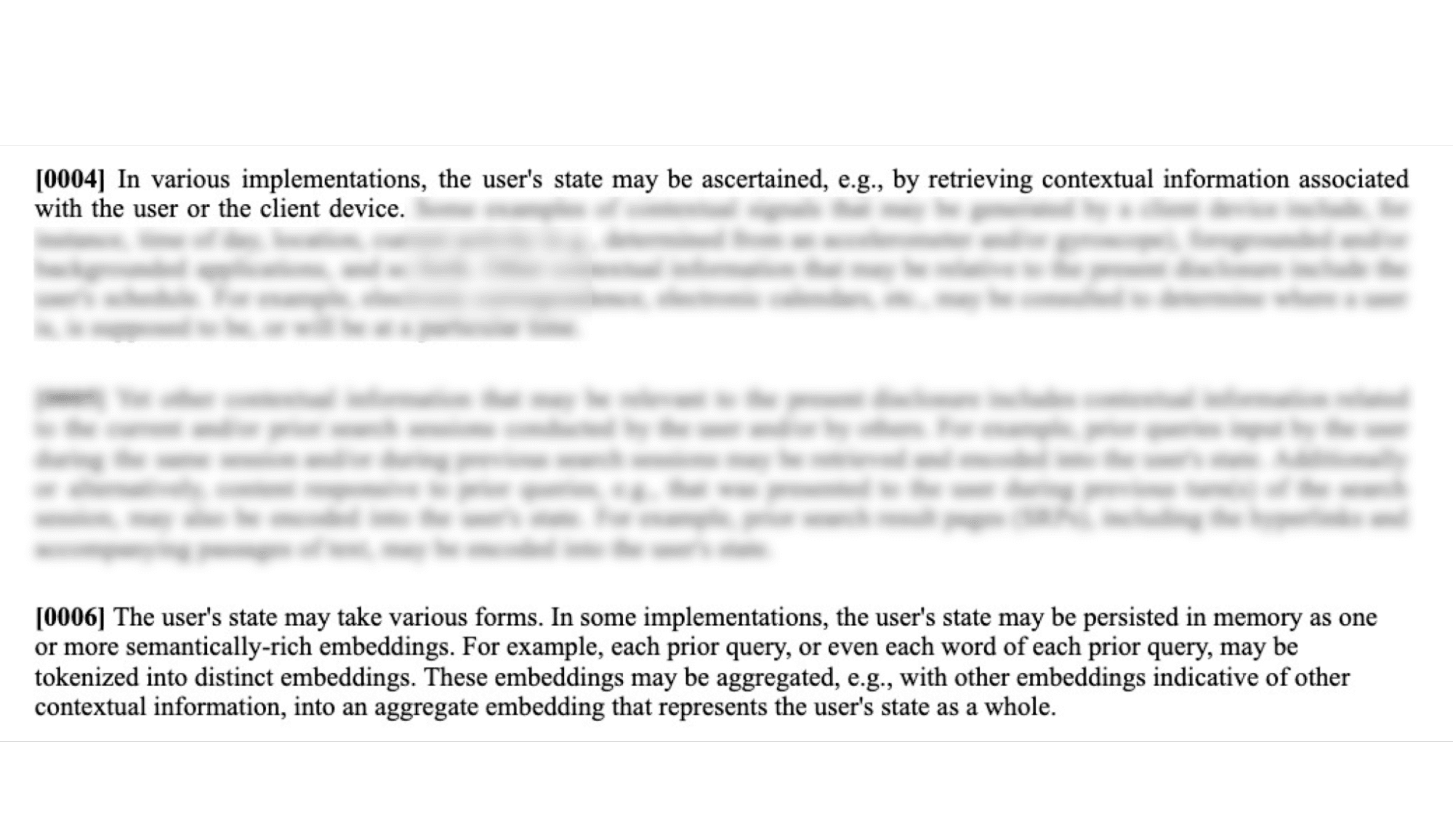 Patent text excerpt explaining how the system retrieves contextual information, then tokenizes this data into semantic embeddings for user state representation