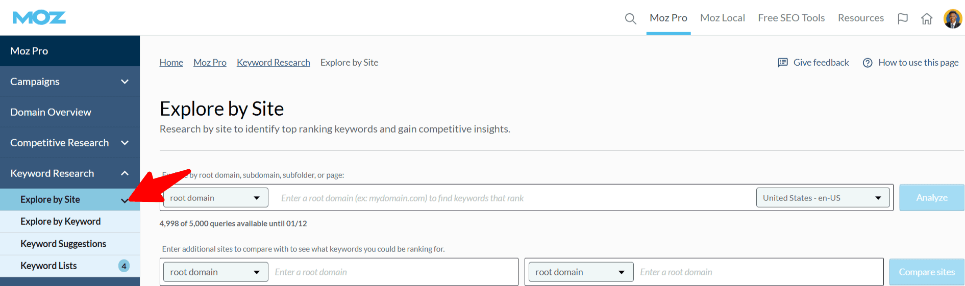 The Explore by Site page on the Moz Keyword Explorer tool