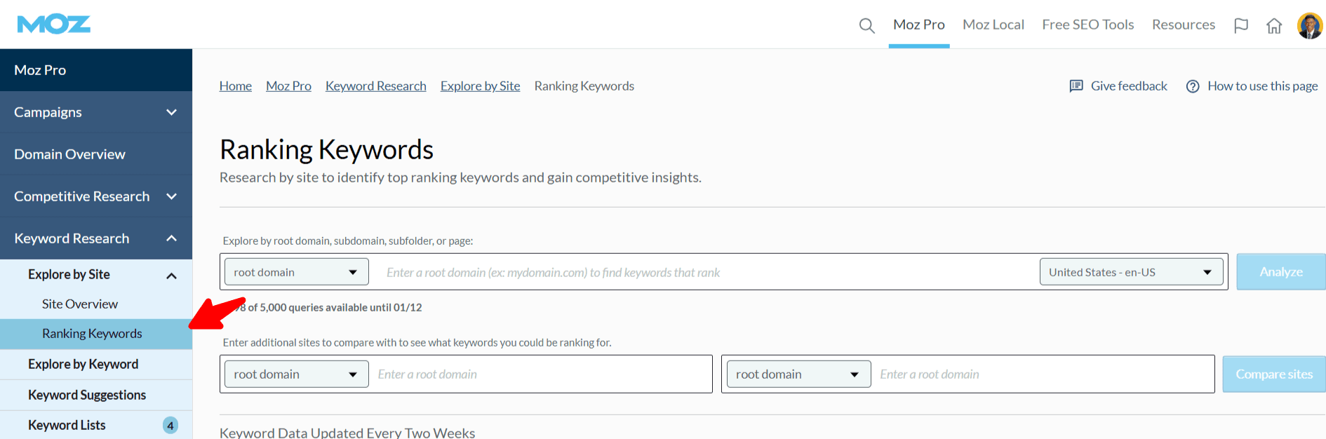 The Ranking Keywords page on the Moz Keyword Explorer tool