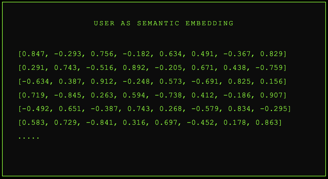Illustrative visual representation of user as semantic embedding, showing arrays of numerical values