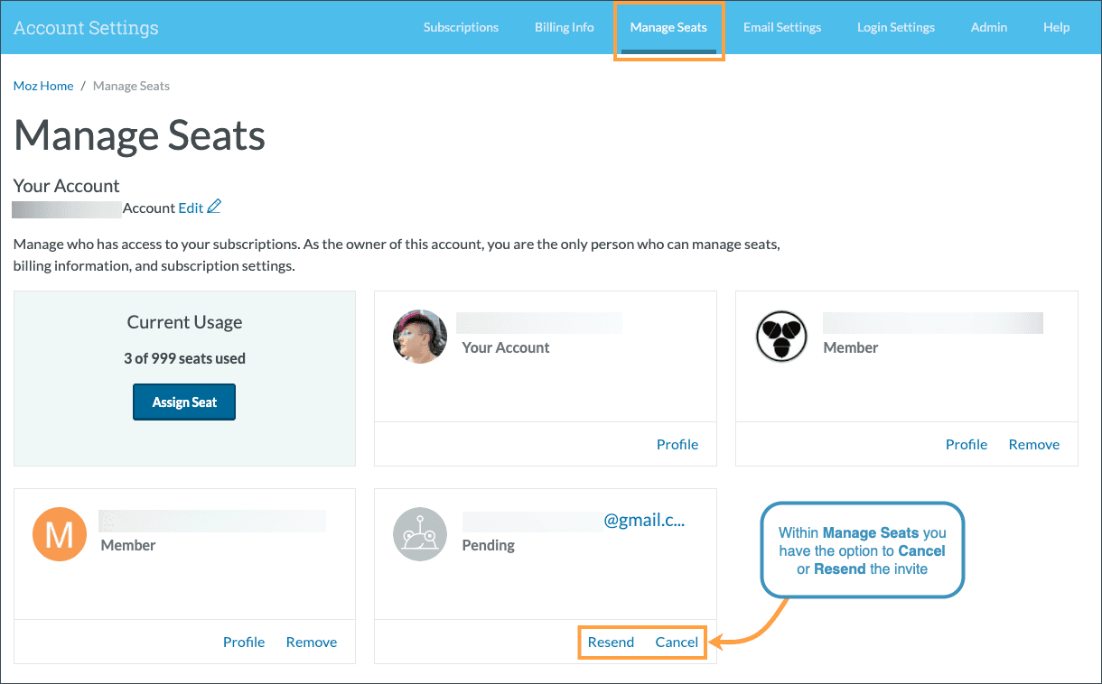 Within the manage seats view you can opt to cancel a seat assignment or resend the invite.