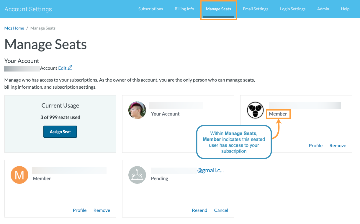 A designation of member below the seated user indicates they currently have access to your subscription.