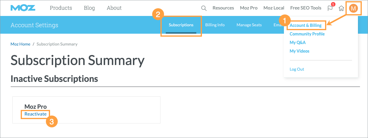 Head to your subscription summary page and click reactive under inactive subscriptions.