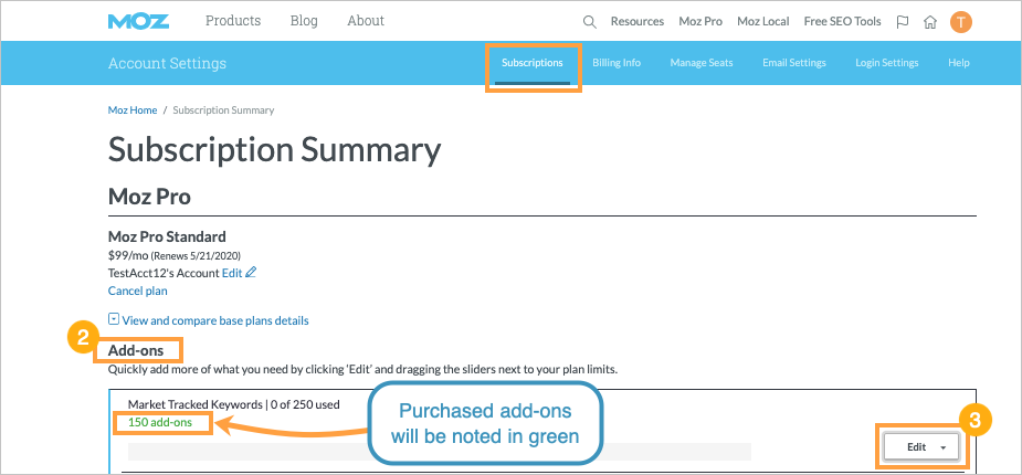 Within the Subscriptions tab scroll down to add-ons and click edit for the add-on you're looking to adjust.