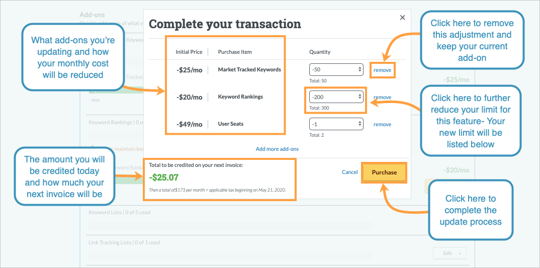 In the pop-up window your selections can be verified prior to clicking purchase.