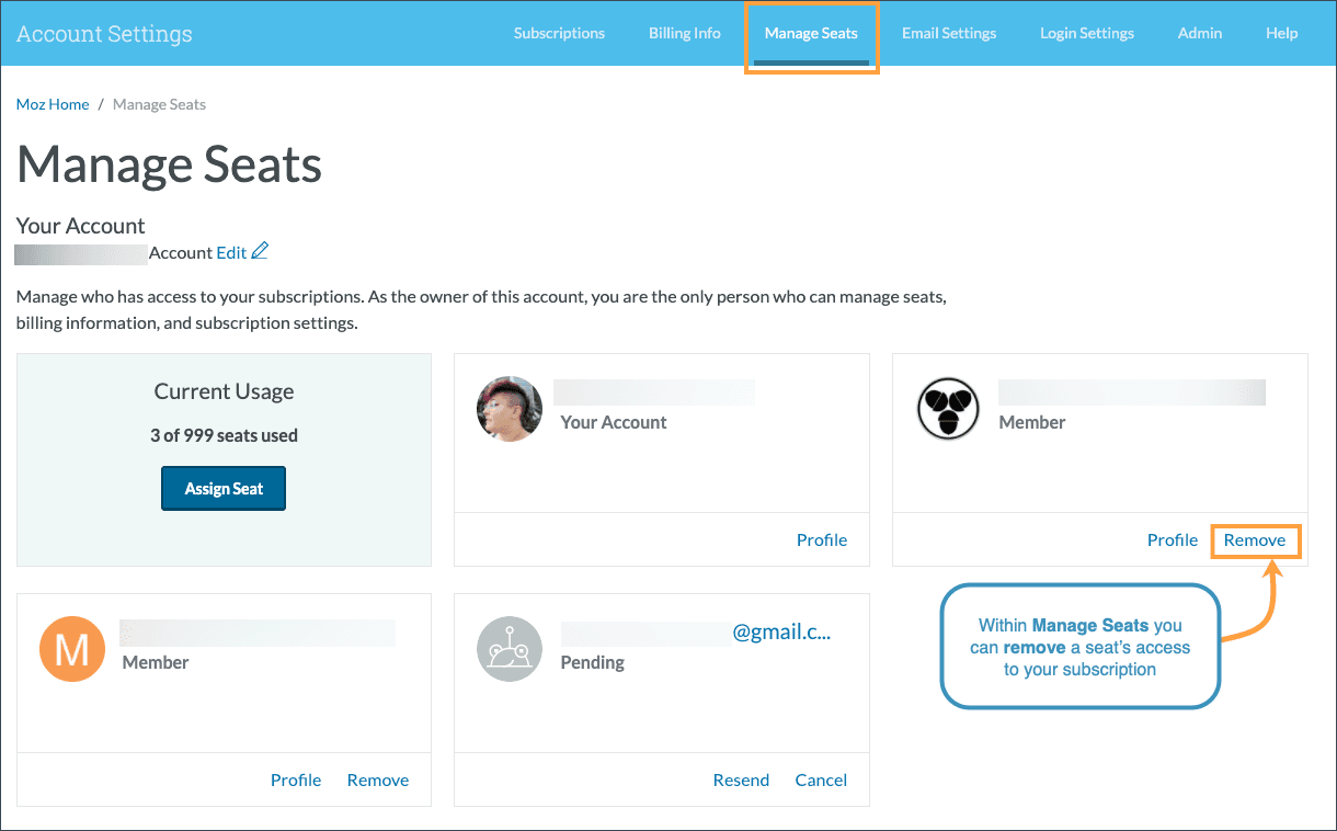 Within the manage seats view you can remove a seated user by clicking remove.