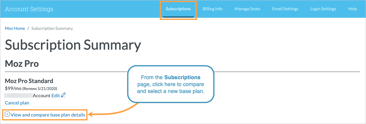 The view and compare base plan details option is available just below your subscription details. Click it to see available plans and update your plan.