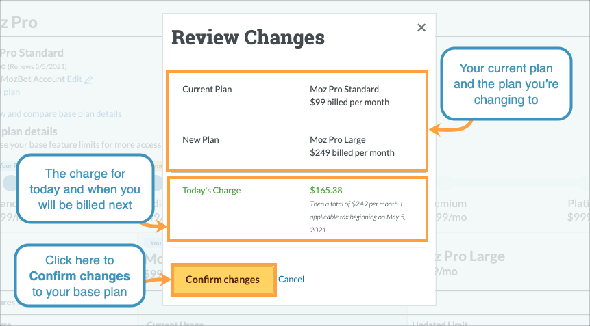 Once you've confirmed the details of your new plan, click confirm changes to finish your subscription update.