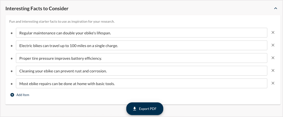 Screenshot of the Interesting Facts section of AI Content Brief.