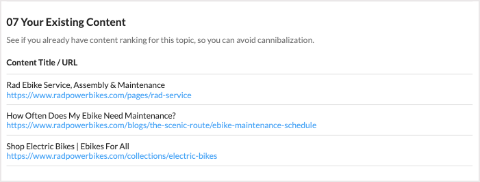 Screenshot of the Your Existing Content on section of AI Content Brief.