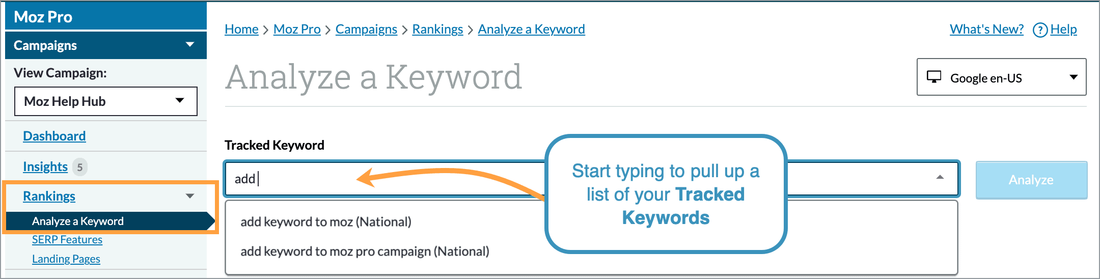 Location of Analyze a Keyword in the left hand navigation. Start typing in a keyword to select one to analyze.