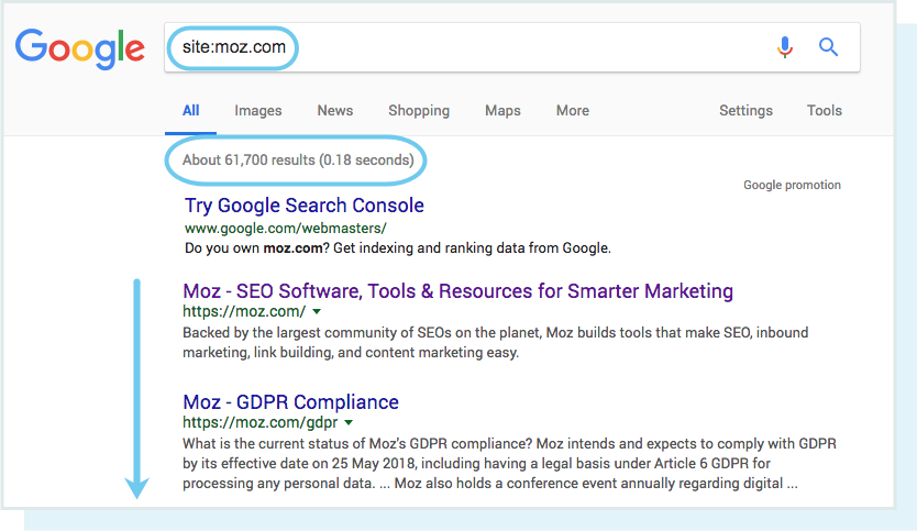 A screenshot of a site:moz.com search in Google, showing the number of results below the search box.