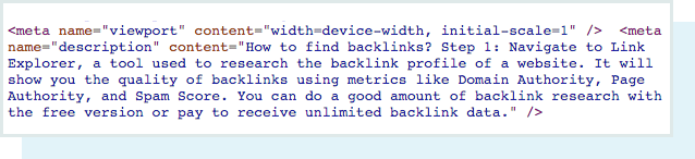 A screenshot of the source code for the actual meta description on the page, which differs from what the SERP shows above.