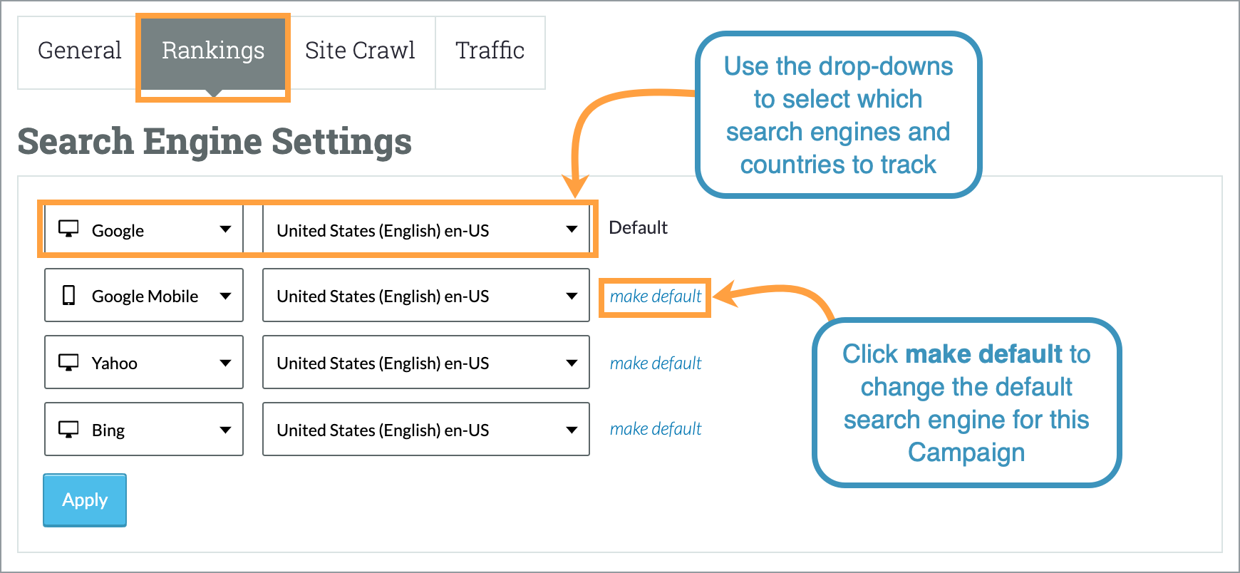 The Search Engine Settings can be adjusted using the drop-downs provided.
