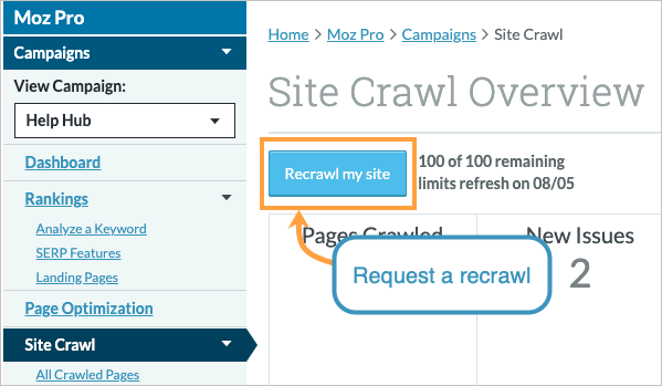 Location of the recrawl button in your Site Crawl section at the top left.