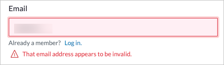 Error message stating that the email address entered is invalid.