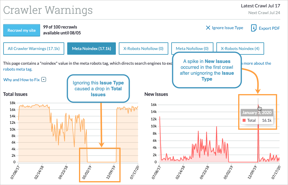 Crawler warnings page showing unignored issues.