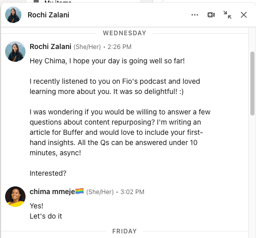 Direct message conversation between Rochi Zalani and Chima Mmeje on LinkedIn