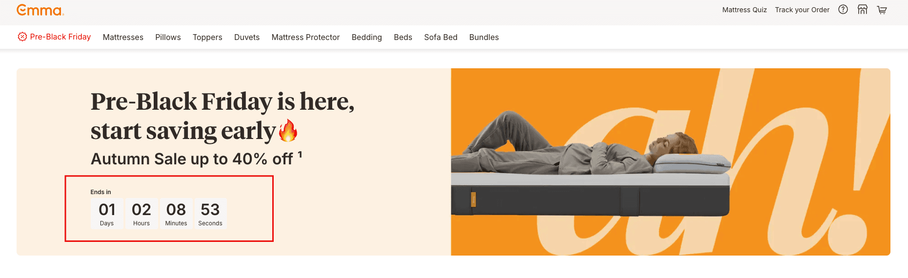 Emma's pre-Black Friday landing page with countdown timer