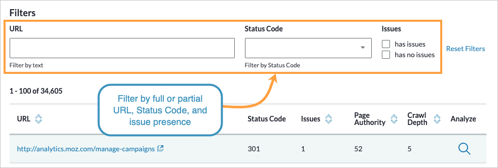 All Crawled Pages section of Site Crawl with filter options highlighted.