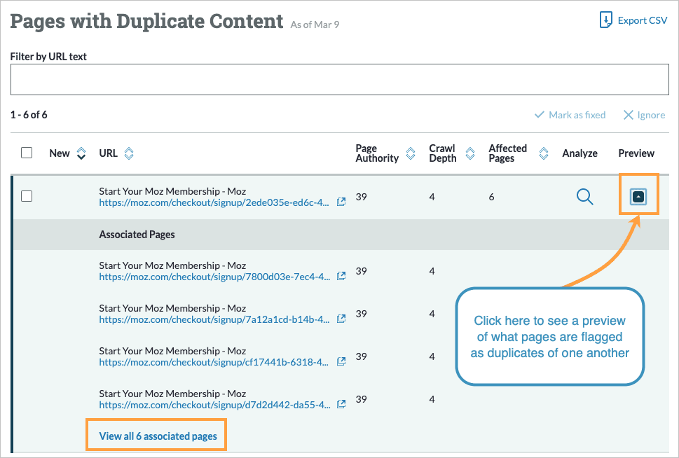 Content issues view with duplicate content issues selected. Click preview column arrow to see more information.