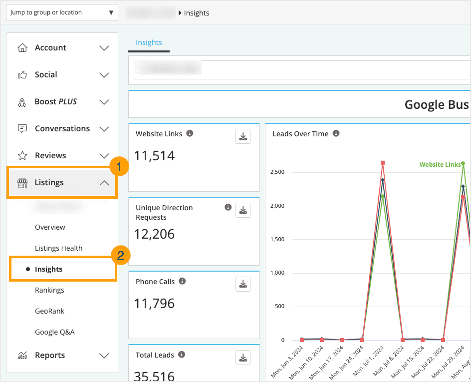 Screenshot of GBP Insights menu location.
