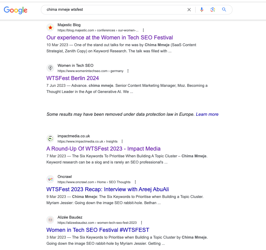 Google search results for 'Chima Mmeje WTFest