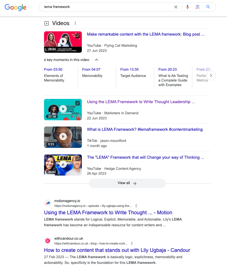 Google search results for the LEMA framework