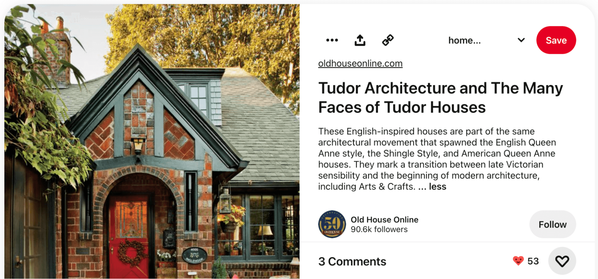 Screenshot of a Pinterest Pin from the user Old Hose Online. It features an old Tudor-style home, and a user-supplied description of that image that's 292 characters long.