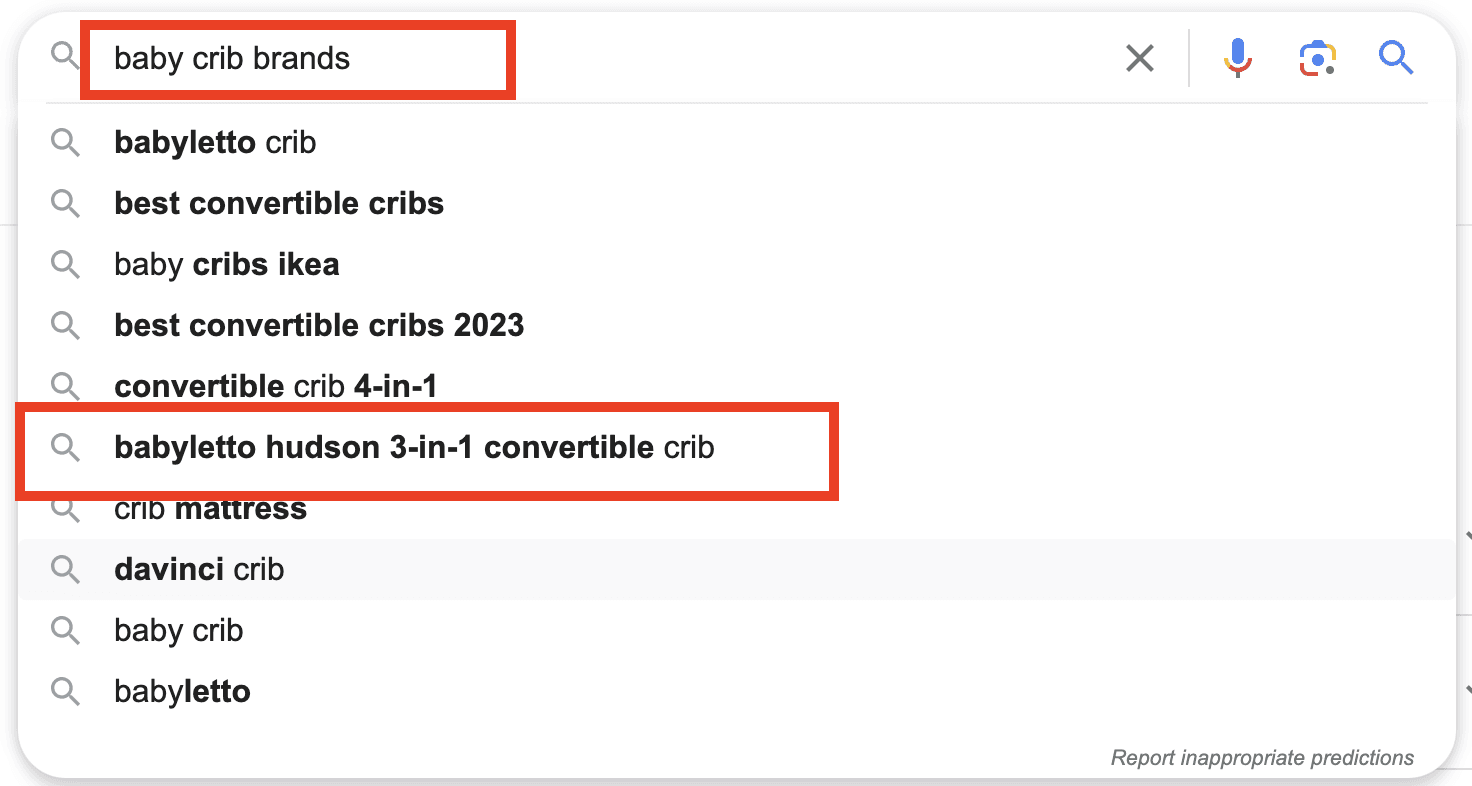 Screenshot of Google search for baby crib brands
