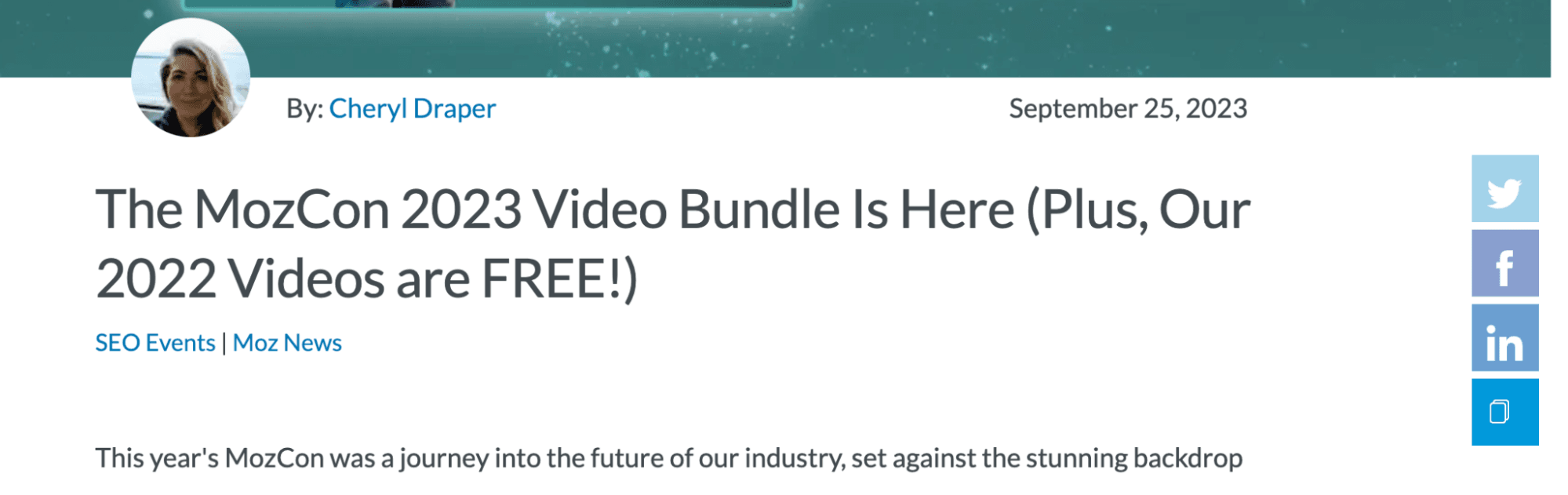 Screenshot a the Moz blog for the 2023 MozCon video bundle, complete with social sharing buttons for Twitter, Facebook, LinkedIn, and a general share option.