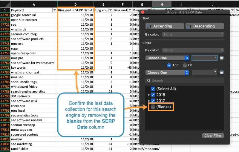 Remove the blanks in the SERP Date column to see when data was last collected for a particular search engine.