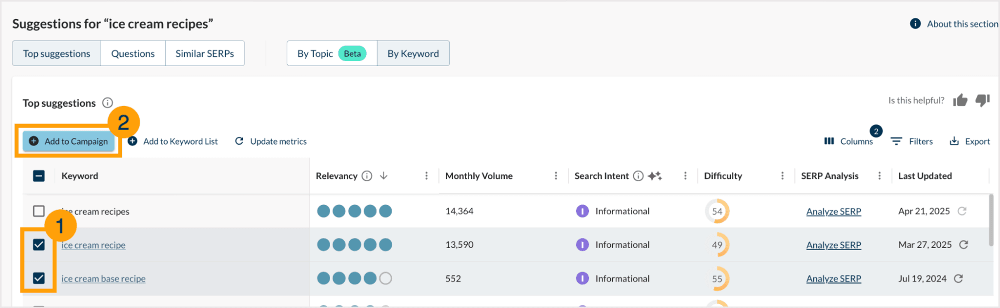 screenshot showing how to select keywords to add to a Campaign.