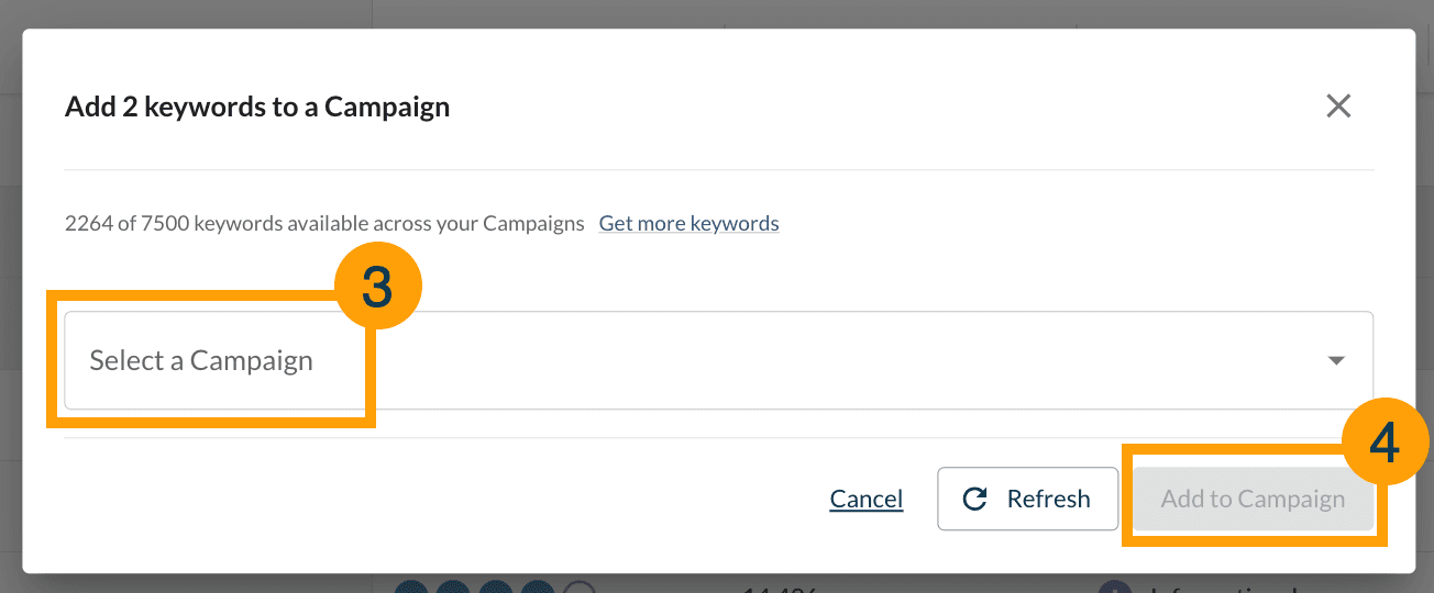 Screenshot showing how to select a Campaign to add keywords to.